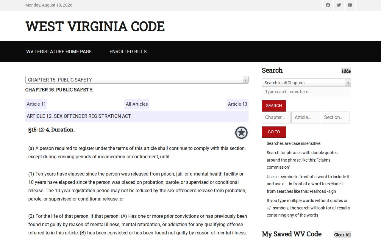 Berkeley County sex offender registration duration under West Virginia law